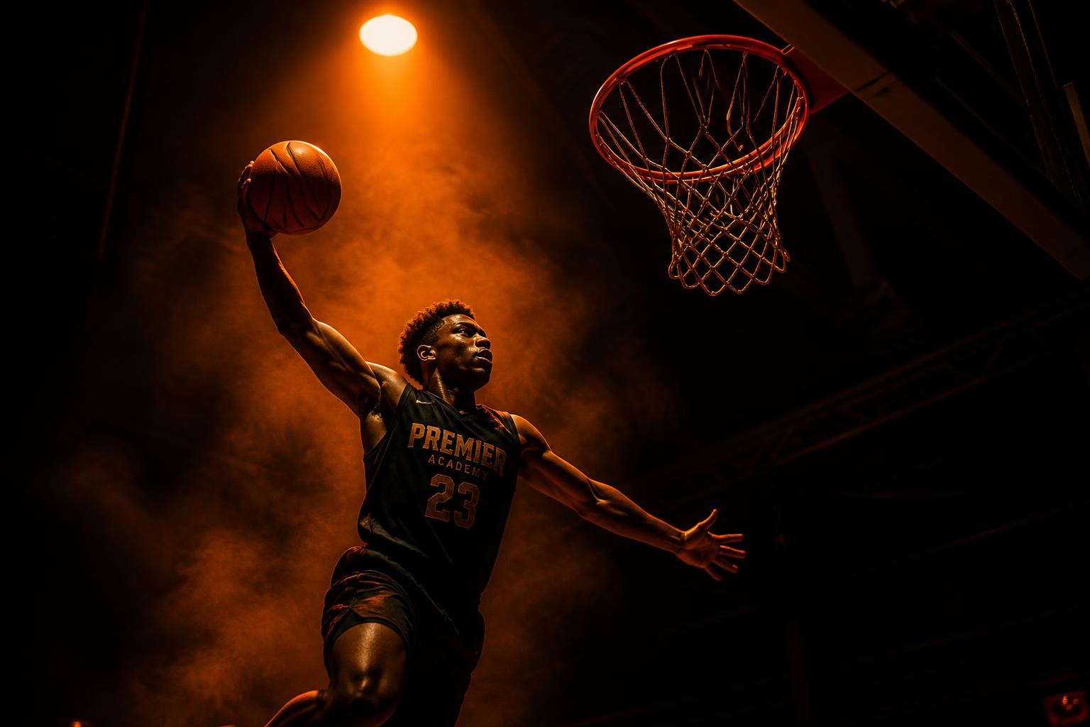 Athlete dunking under spotlight